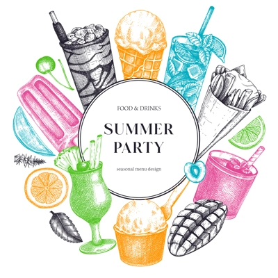 Summer party banner. Non-alcoholic beverage, mocktail, ice cream, fruit, cocktail sketches. Hand drawn vector illustration. Summer food and drinks. Bar menu. Tropical design